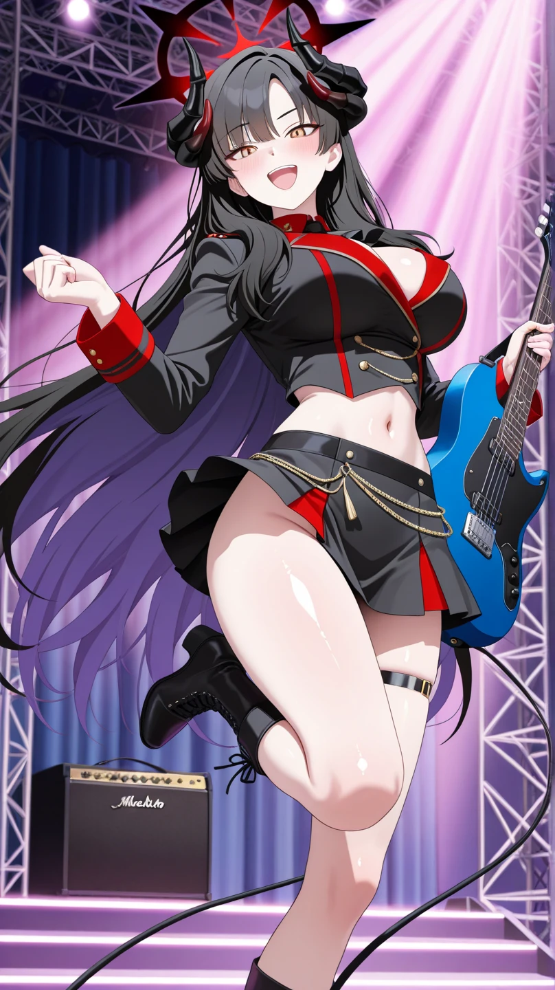 cute smile, beautiful black hair, inside a live music venue, performing, leather jacket, classic jeans, beautiful long hair, large cleavage, ribbon, electric guitar, pick, amplifier, shield, shiny skin, shiny body, ((masterpiece)), ((best quality)), (ultra-detailed), ((high-definition CG)), [colorful], ((very delicate)), ((perfect lighting), ((8k)), (dynamic pose), (sharp image), depth of field, rich in details and textures, visual impact, shiny skin, shiny body, (single woman), ((profile, side angle))
