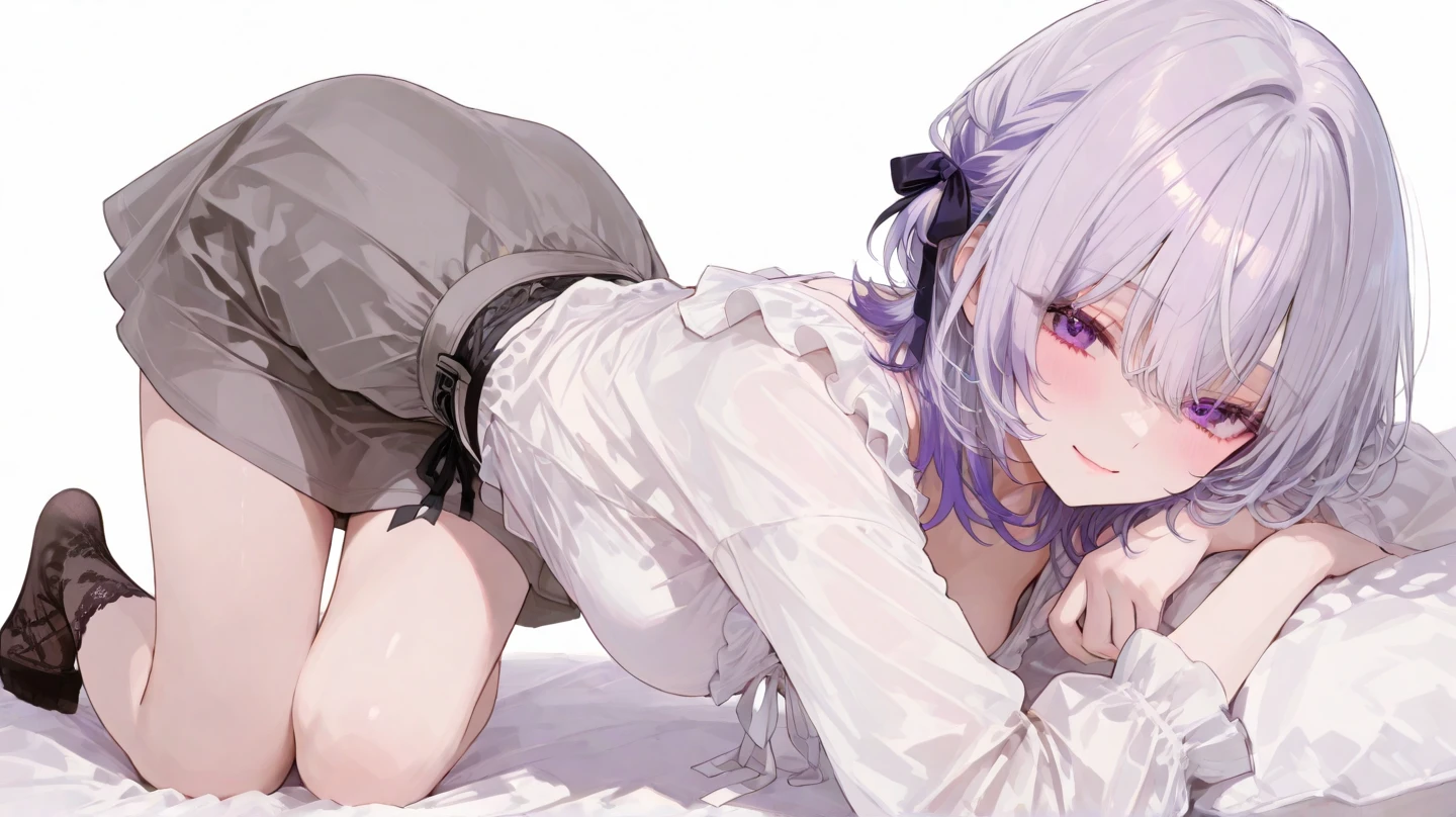 (最high quality,4K,8K,High resolution,masterpiece:1.2),Super detailed,Vibrant colors,Soft Shadows,Beautiful brushwork,Attention to detail,perfect render,rich skin tone,Expressive eyes,Captivating Expressions,Golden shades,Gears in the background,Has long, curly, light grey hair, Violet eyes, A headband decorated with pearls and violet camellias, White shirt, Floral dark blue hemline、 (cryin) ,Cute Characters, Most detailed, high quality、(missionary, 1boy, penis, lying, vaginale, ass pov, spread legs, Sex, nsfw)、nose blush、steam、Awards, Anatomically correct、((Scared))