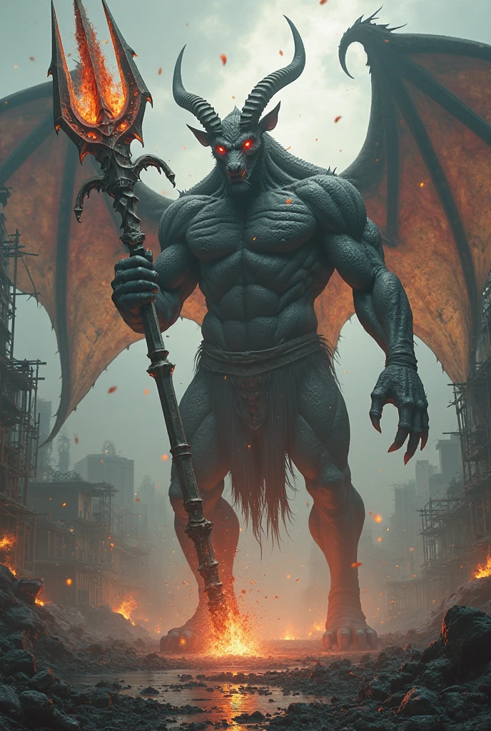 a very tall demon with lion head and goat horns and bat wings standing straight in two feet human pose, stern expression, confident pose, glowing red eyes, dark fur, goat feet, celestial, muscular frame, a great sword plug on the ground infront of him, detailed facial features, highly detailed, photorealistic, light and shadow contract, dramatic lighting, fantasy, surreal, dark, moody, thunder sky background, white fog foreground, water reflection the ground, skulls on the ground, full body