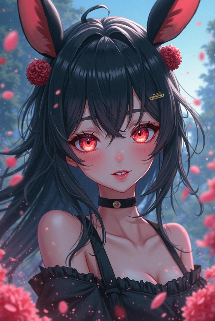 1 neeko (smooth lighting), ((Beautiful eyes))30mm lens,wide shot layout,wednesday addams BREAK 12years old,black hair,pale skin,red eyes,jitome,hollow eyes, half-closed eyes,detailed eyes,beautiful eyes,hair ornaments at hexagram,(braid),ashamed,troubled expression,best quality,ultra-detailed,(masterpiece),sweat,looking away, In old hotel