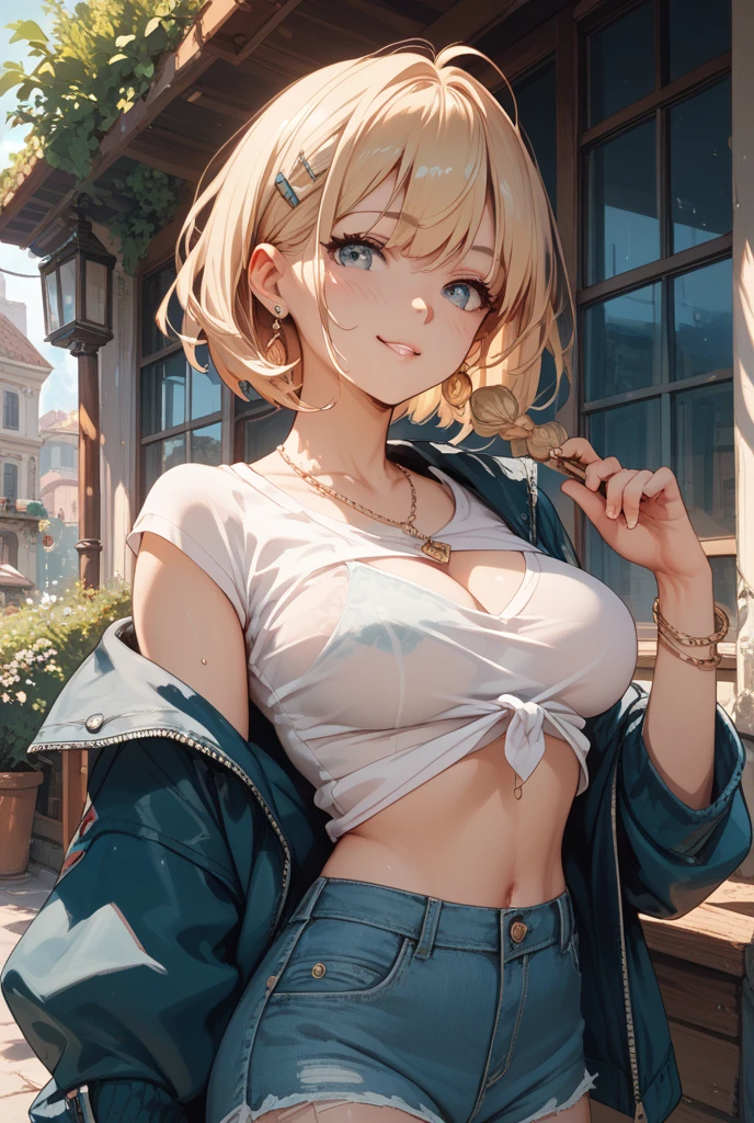 masterpiece、highest quality、Very detailed、An illustration、Beautiful fine details、One Girl、cute、Detailed landscape、Training Room Background:1.4、Platinum Blonde Hair、Braided Ponytail、Red camisole、((D cup breasts, Tank top showing underboob:1.3))