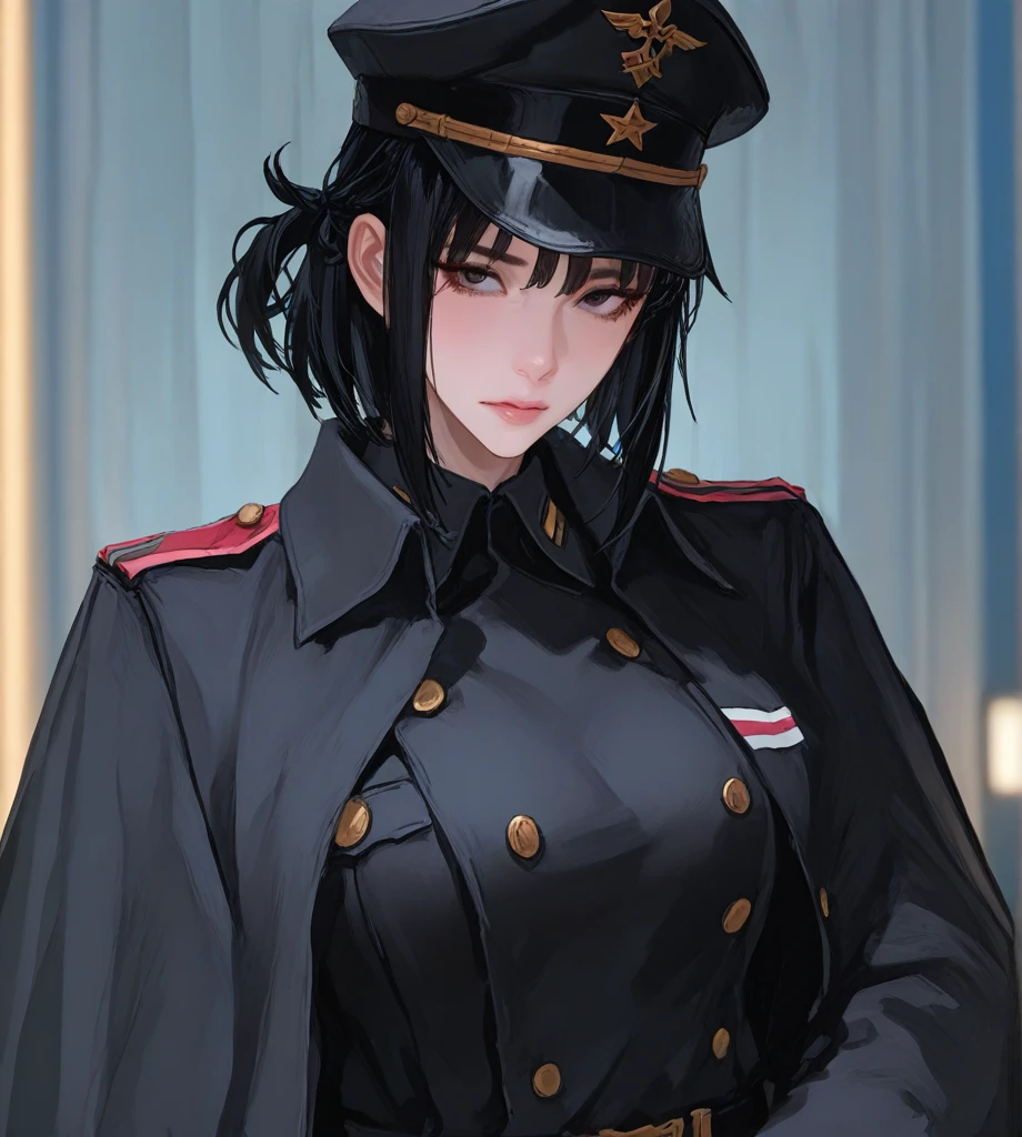 ((Masterpiece, top quality, super definition, ultra definition)), Solo, (Full body), ((27-year-old goth woman in German official black leather uniform)), ((wearing a black army leather hat)), ((Clear expression of body unevenness)), looking at the camera, (sitting with her back to the wall and bent knees), female body, breasts showing, (covered nipple), ((absurdly large breasts)), red eyes, ((black hair bob)), front zoom, horizontal seat, yandere, (strong makeup), constricted pupils, (SFW), black pupils, dark, (detailed hands), ((tall woman)), ((sadistic smile)), sharp focus, dynamic angle, deep shadows, simple background