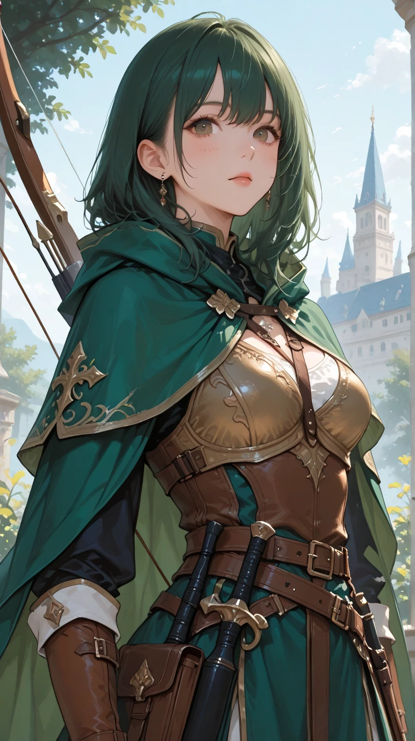 masterpiece, ultra detailed, 8k portrait, RAW photo, portrait photography, highly detailed face, beautiful and meticulous eyes, ((Fantasy)), Young beautiful, 15 years old, girl, dynamic pose, (((short deep green bobbed hair))), blunt bangs, White skin color, glasses, Luxury, (((tunic and short skirt))), (((brown cape))), (((little waist hip pouch))), (((dark thigh high tights))), high cut leather boots, ((holding long magical staff)), Midday Sun, hyper realistic, slender body, flat chest, Long legs, on the medieval road, Ambient lighting, Shadow details , Camera focus on face, strong breeze, Light fog