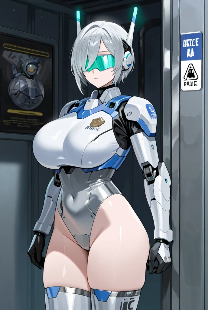 (1 cyborg woman)),((huge breasts, naked pussy)),((urethral insertion)),((standing in front of the viewer with legs apart)),((short white hair, blue eyes, with glasses, smile malignant)),