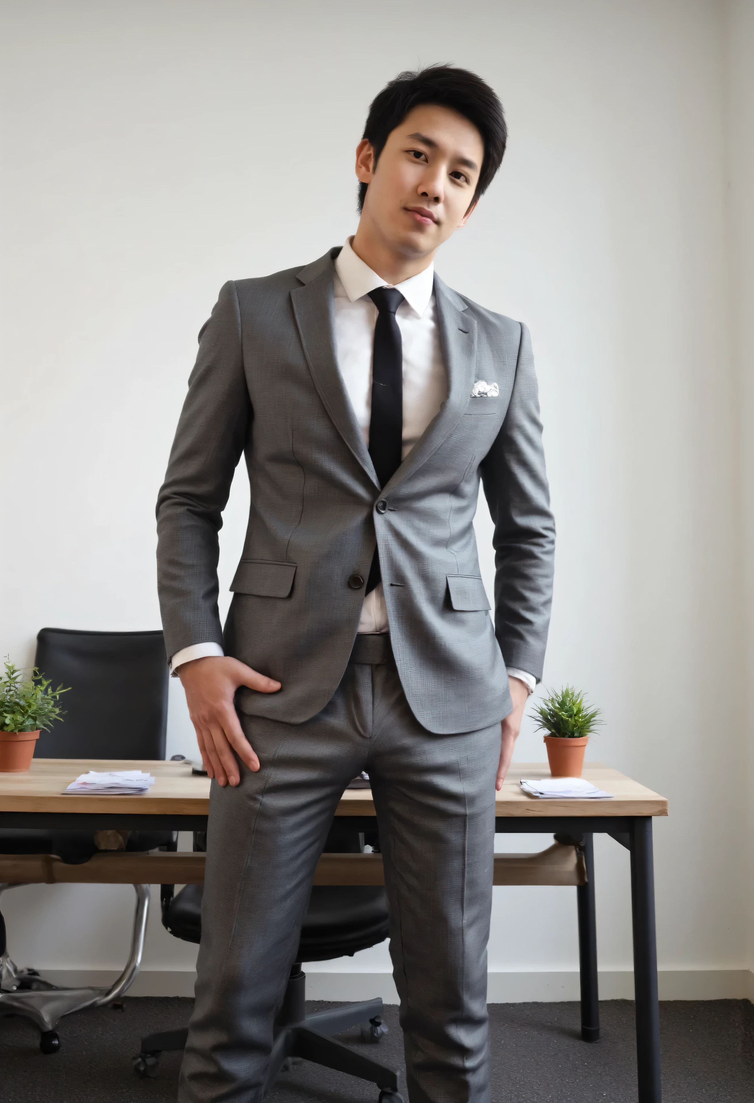 Young Asian guy wearing a handsome gray suit at the office, doing a tongue-in-cheek pose, showing a big bulge under the crotch of his pants, slanting up to the left, showing very big bulge in pant, photorealistic skin texture, Natural Realistic Full Body