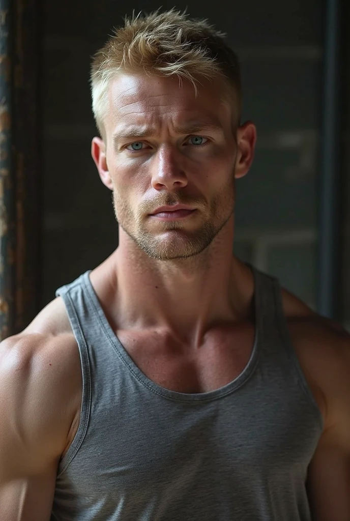 Un homme blond au yeux blond, sans muscles, a la salle de musculation, training, cheveux long, avec un Tatouage sur le torse