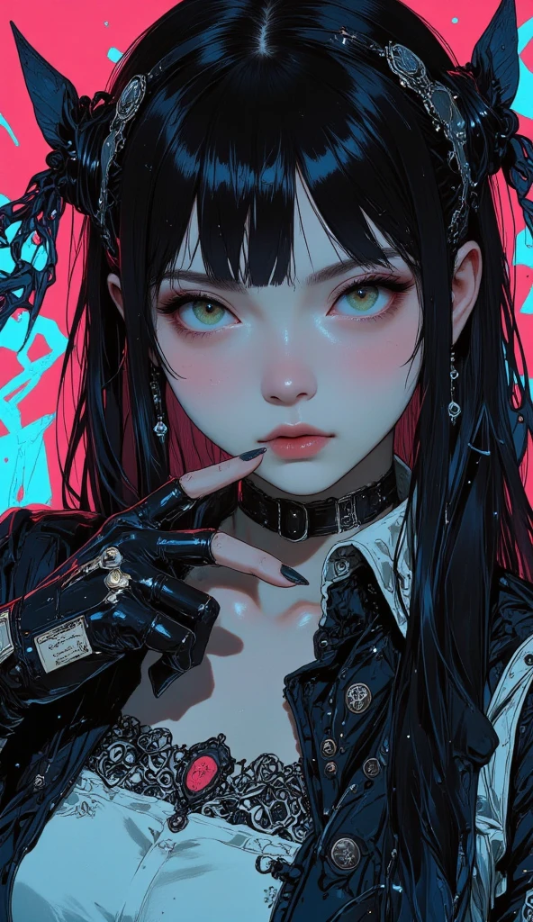 1 girl, wallpaper, whole picture, grey wall background, dark picture, ruined wall background, asymmetric hair, grey hair, multicolored hair, long hair, psycho smile, evil_smile, dark purple eyes, view from the side, looking at viewer, long chain shackles, neon lights in background, , grin, ruffled hair, black dress