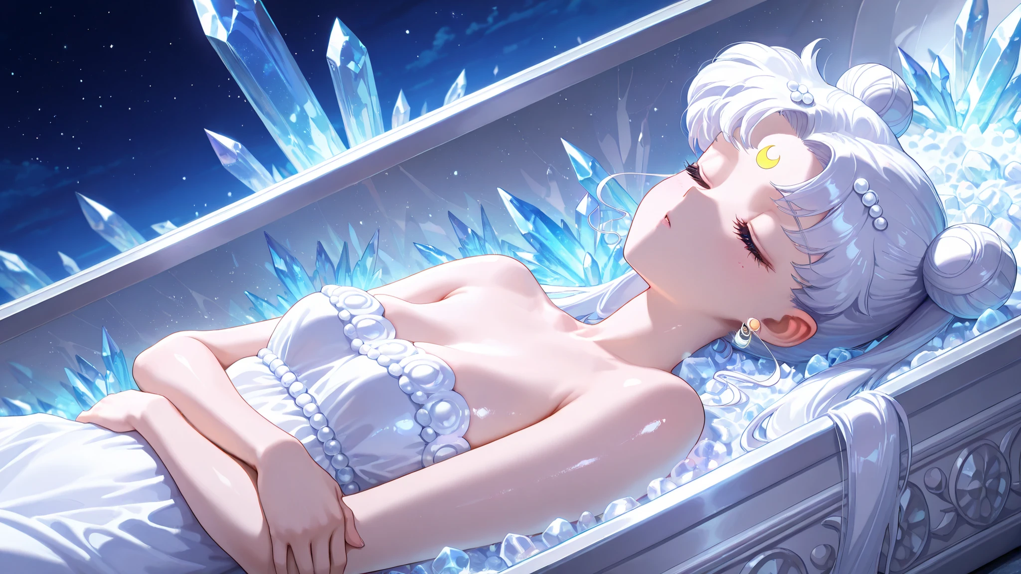 masterpiece, amazing quality, best quality, ultra-detailed, 8K, illustration, clear skin, ultra-detailed-eyes, soft skin, very awa, very as2, shiny skin, shiny hair, soft body, 90's style, official art, 1girl,solo,long hair,facial mark,white hair,crescent facial mark,twintails,double bun,hair bun,tsukino usagi,closed eyes,forehead mark,dress,hair ornament,white dress,jewelry,bare shoulders,strapless dress,earrings,strapless,neck,white theme,lies on back,night, crystal coffin, like a dead, lies quietly, glass cover coffin, small breasts, closed arms