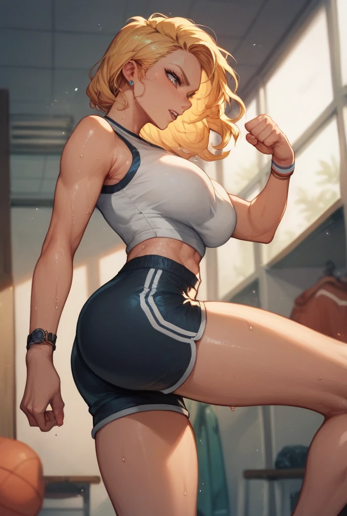 (Masterpiece), A white woman with blonde hair, short hair, messy hair (best quality), Ultra resolution, professional art, ultra detailed, perfect lighting, athletic body, strong and muscular, small perky breasts, black sweatpants, wearing a black top, black leggins, expression happy, female focus, in fighting position, blue eyes, smiles, yellow sneakers