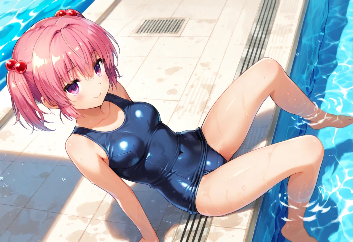 best quality, insanely detailed,nino nakano, poolside background, breasts, blush, back style, one-piece swimsuit, nipple, look into the distance, nsfw