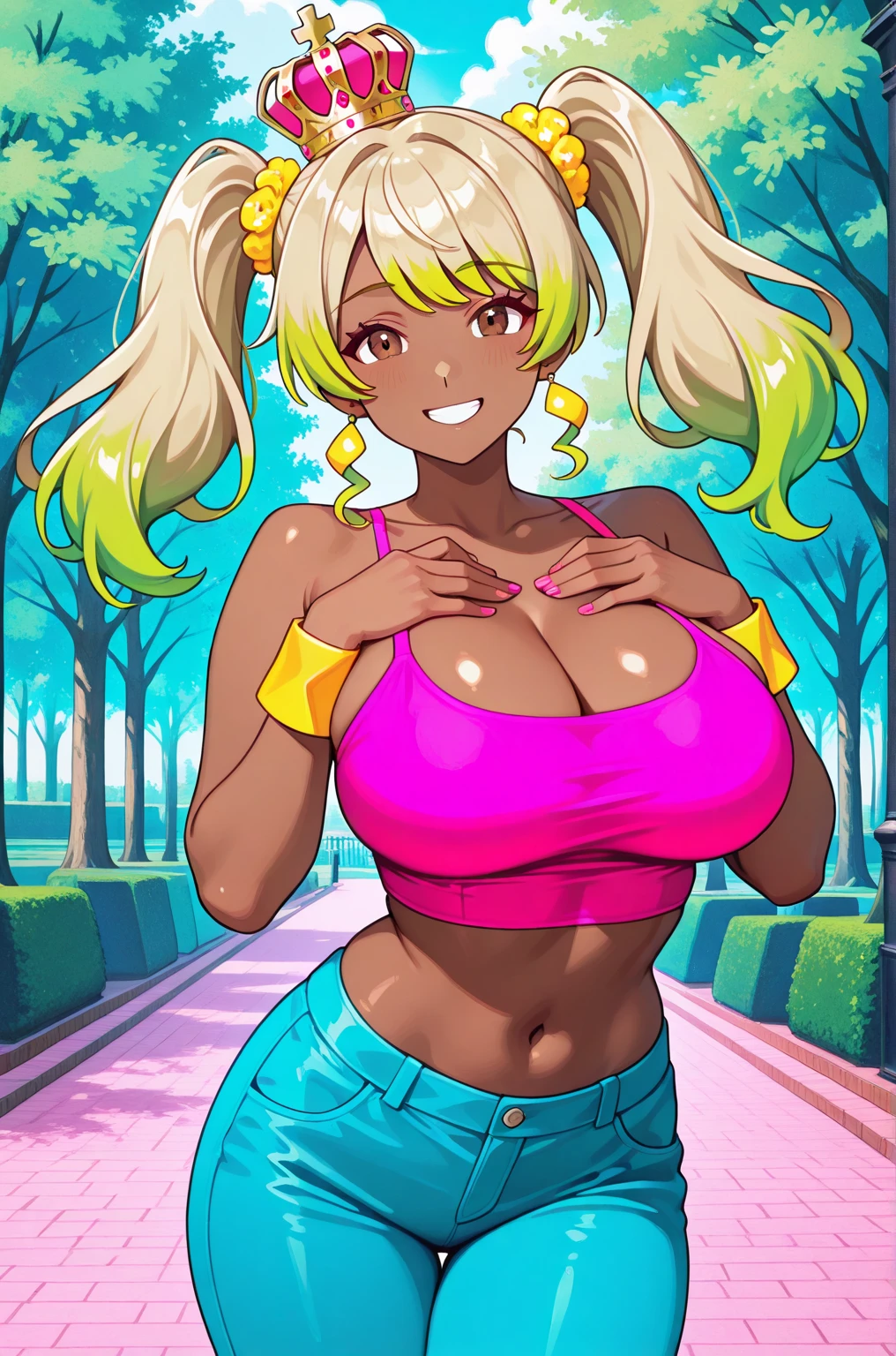 (red ribbon on hairband:1.2),(a sexy female character in a purple outfit and jewelry sits on a wall), 1girl, solo, jewelry, (manya (dq4)), (long hair), (Blonde hair), (dark-skinned female:1.3), (dark skin:1.3), bracelet, (purple eyes), (large breasts), (open mouth), (looking at viewer), (smile), earrings, navel, armlet, sitting, anklet, (masterpiece:2.0), (Create an image with vibrant and highly saturated colors, Increase the saturation and vibrancy of the skin tones), ((best quality)), (( ultra high res 8K)), ((resolution 8k)), ((wallpaper)), ((best light)), (((Illustration))), looking at viewer, (((retro art style))), (((perfect body))), (((perfect finger))), dunhuang, dunhuang_face