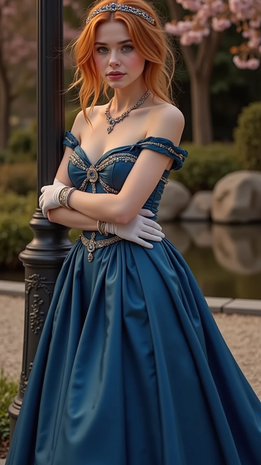 Create Alexandra Daddario in a beautiful light blue medieval dress, with jewelry