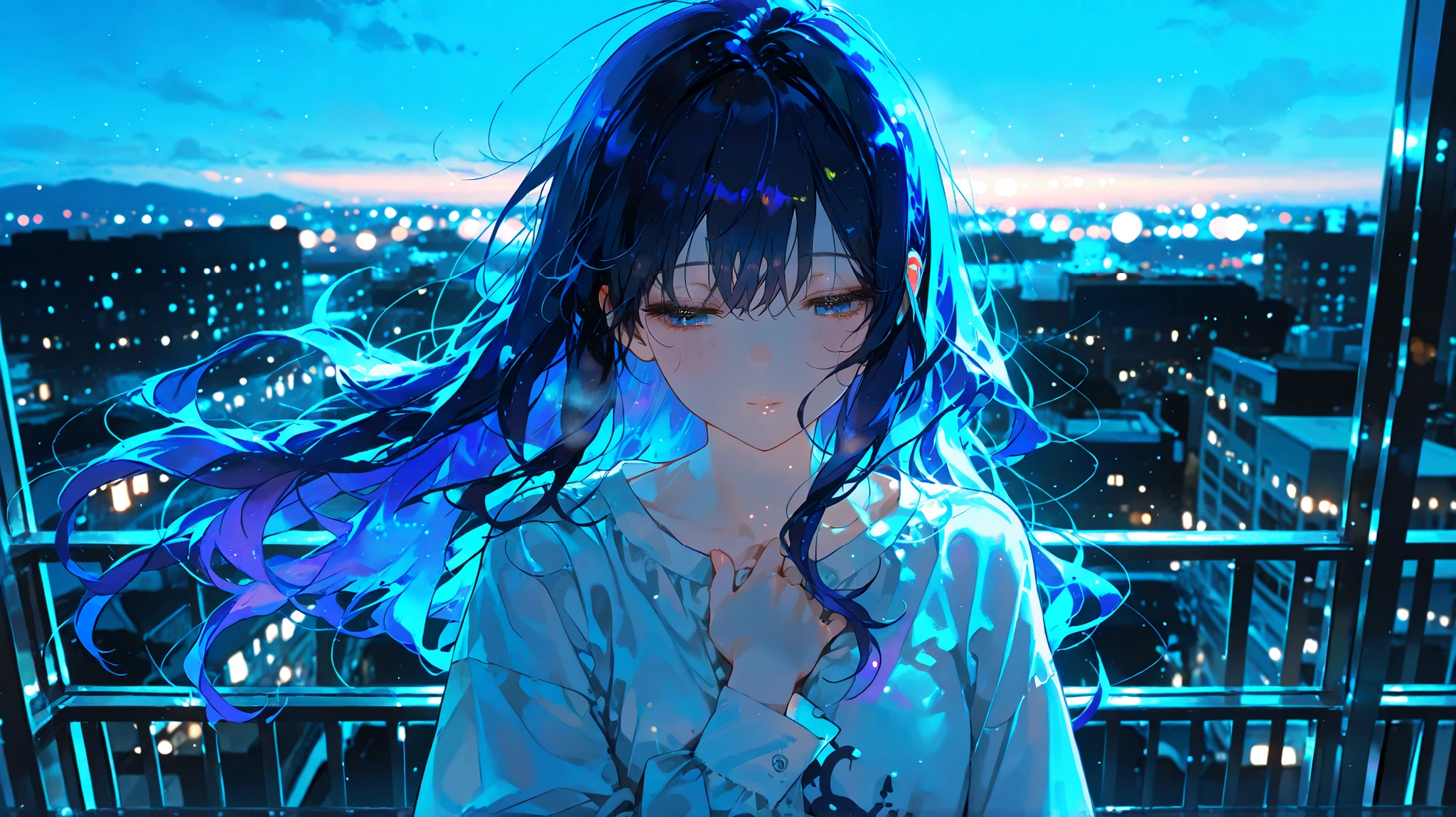 1girl, walking alone on balcony in deep night, soft wind blowing hair, mouth slightly open as if calling, eyes filled with longing, distant stars faint in background, cold city skyline behind, hand touching chest softly, white shirt fluttering  
(((masterpiece))), (((best quality))), (8k), (detailed illustration), (((detailed beautiful face and eyes))), (((super fine illustration))), cinematic lighting, cinematic angle, soft light, color detail, Depth of field, long exposure, light steps, intricate colors, vibrant colors, 748cmstyle,dark blue hair
