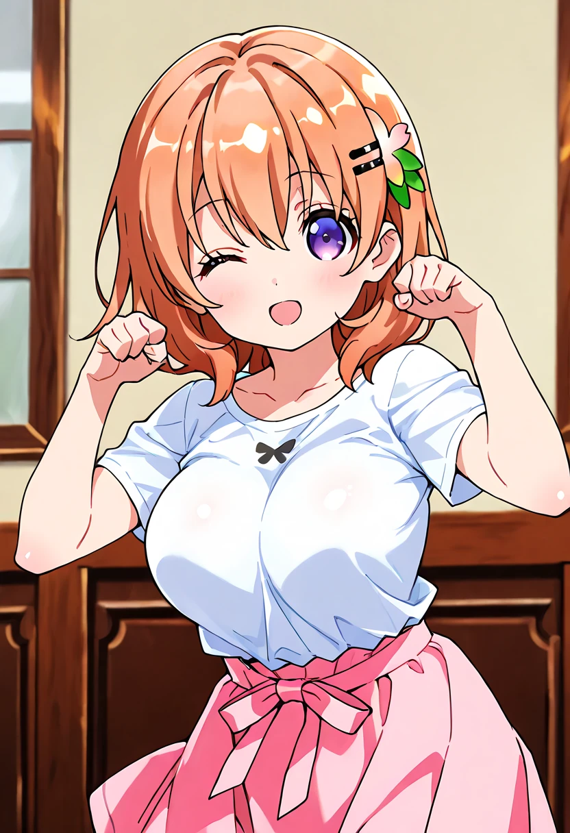 16k,2girls,yuri,(1st girl, Hanami Saki,blush,big breast,white background,looking view,masterpiece,high quality ,(breast focus),(embarrassing) ,((nude)),nipple, (nipple-to-nipple),sweat,steam) , (2nd girl, {ombra}, brown hair, red dip-dye hair, ahoge, medium hair, single braided bun, wavy hair,looking view, yellow-brown eyes, earrings, nude,big breast,nipple, (nipple-to-nipple))