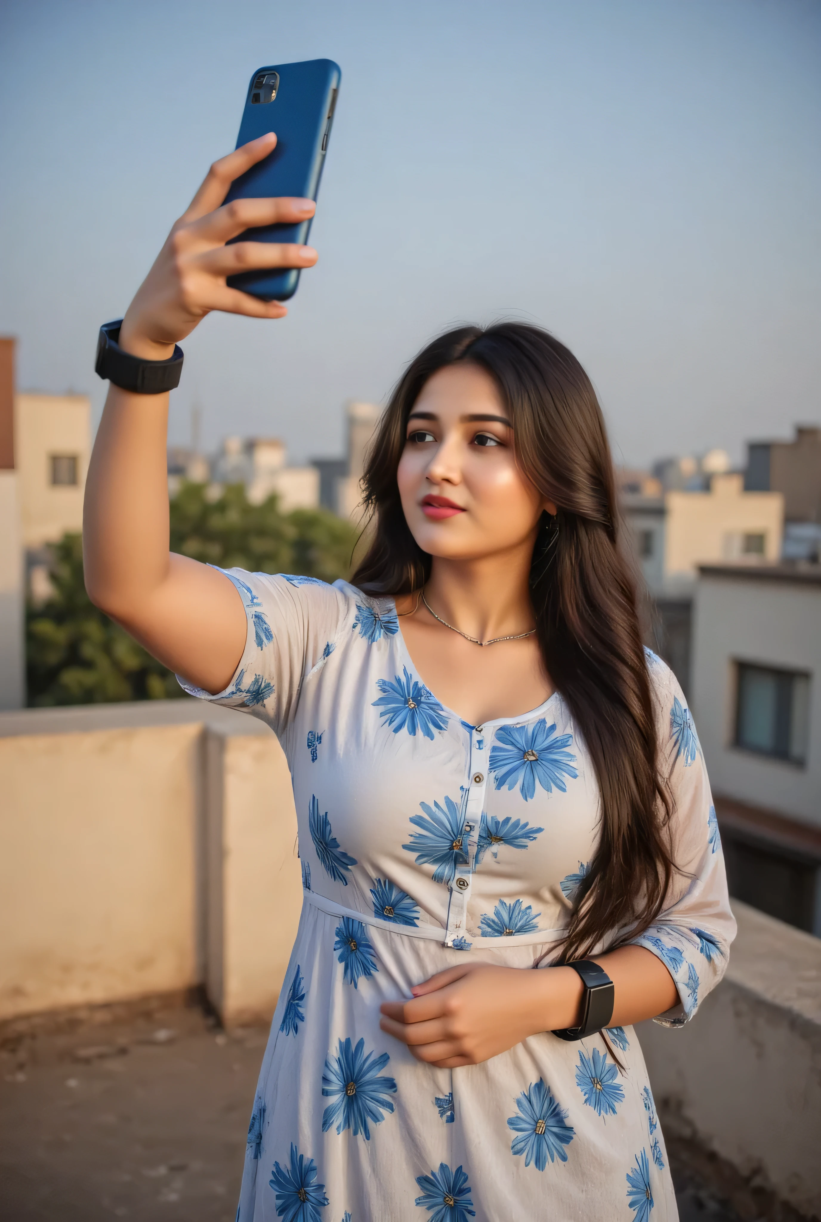 A sexy young Indian big breast woman standing on rooftop taking a selfie wearing a beautiful white and blue printed kurti. Her hair is braided, she is wearing a smartwatch on her wrist and a delicate necklace. She has a confident and composed expression. The morning time