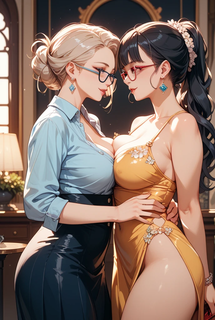 (8k ,Super detailed,Best masterpiece,nature,perfect work of art,perfect female figure),two women,sister and younger sister, sisters,rainbow hair,perfect face,(huge ),neighbor wife,woman hairstyle,elegant wife,Sophisticated and revealing ,20 years old,White skin,messy hair,perfect sexy body,Tone,flirtatious,very big ,Willow Yao,Big butt very detailed,young beautiful teacher,teacher,wear glasses,in the night club,在 with many sexy and exposed women,Hot dance,Detail background,necklace,perfect eyes,,T-shaped small size,huge big