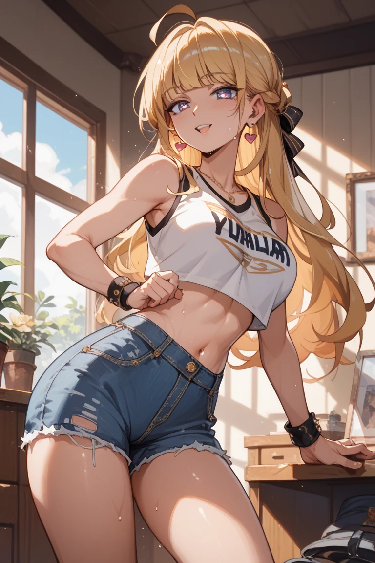 A girl is posing for a photo, cute女の子, 

(((Ultra-high resolution)), ((highest quality)), ((masterpiece)), (Very detailed), (Beautiful sparkle), (Anatomically correct)), ((Realistic)), ((The best CG)), 
CG illustration, 8k, 1080P, Anime 2D Rendering,

(((One Girl))), 
(Symmetrical facial features:1.4, Perfect Face), Beautiful clavicle, (Beautiful fingers), (((Beautiful breasts, Small breasts))), Beautiful body, Beautiful thighs, Beautiful legs, Perfect round ass, 
(((Detailed skin, Oily skin, Textured skin, Beautiful white skin:1.4))), 

(((Baby Face, cute, 10 years old))), 
(Droopy eyes, Expression of fine eyes, Beautiful and delicate eyes, Sparkling eyes, Eye Reflexes, Dark Eyes), 
(Beautiful Nose,Thin Nose), 
(Smaller mouth, Glossy lips, Beautiful Lips, Thick lips), 
(Beautiful Hair, Shiny Hair, Shiny Hair), Hair fluttering, (((Blonde, ponytail, Forehead))), 

((Black tank top、Blue denim jacket))、((Blue denim skinny pants)), sneakers, Earrings、Silver Necklace,
BREAK  

(smile、Embarrassed expression、Blushing), 
(Character Focus, Cowboy Shot),  
((noon、Sunlit park)), 

