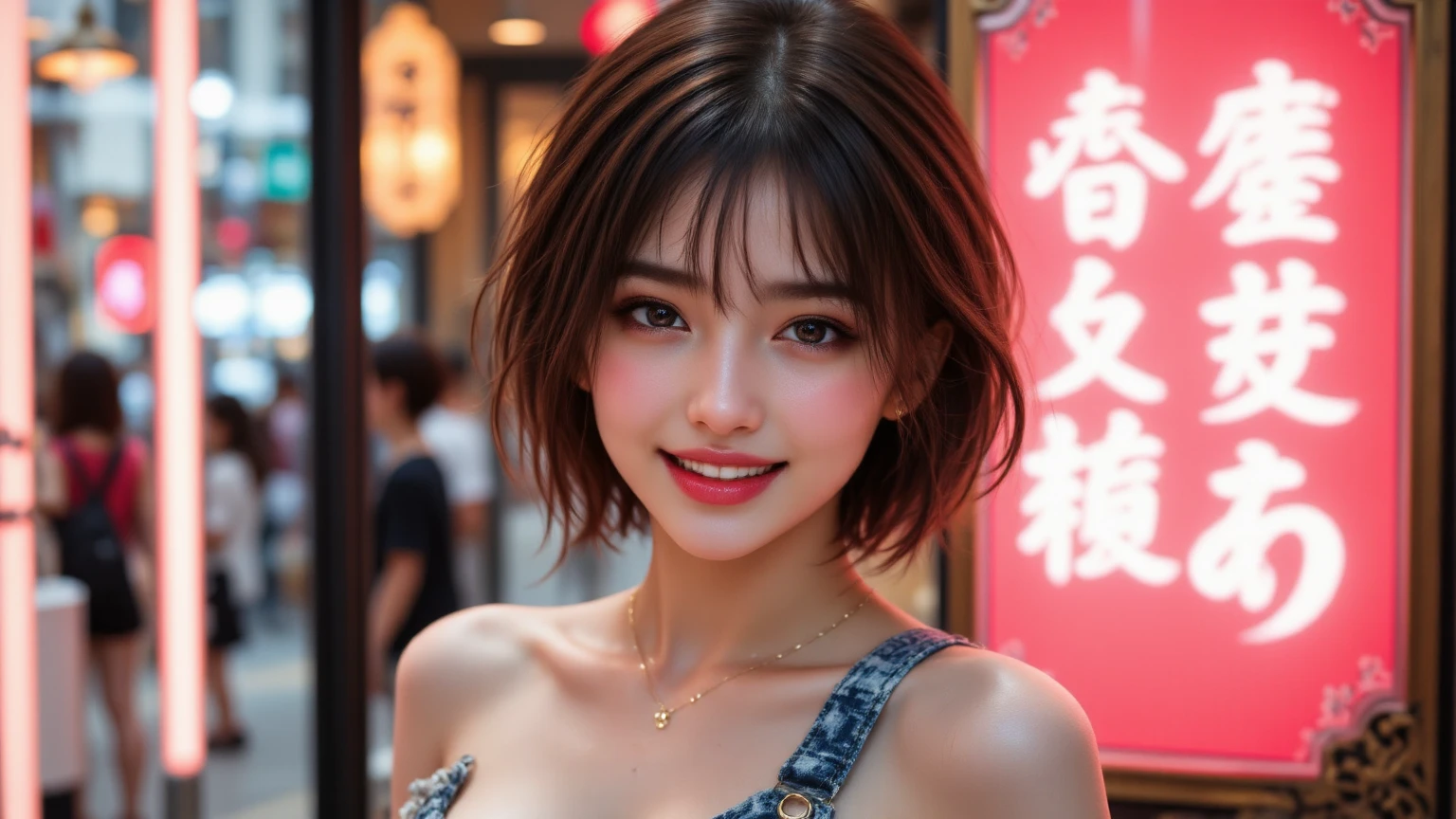 (highest quality, 8k, 32K, masterpiece), (Realistic), (Realistic:1.2), (High resolution), (night:1.7), Japan, cyber punk, 街の景Farbe, In front of the window,Wooden floor, Blue jacket, Grey Shirt, clavicle, jewelry, gem, Brunette Bob, 1 female, 4, (Grin), Beautiful body, beautifulNose, beautifulcharacter design, Perfect Eyes, perfectface, Expressive eyes, View your viewers, Center the image, (Cowboy Shot), Official Art, Very detailed CG Unity 8k wallpaper, Perfect lighting,Farbeful, bright_front_face_Lighting,Glowing Skin, (masterpiece:1.0),(Highest_quality:1.0), 超High resolution,4K,Very detailed, photograph, 8k, High resolution, High resolution, absurdes:1.2, Kodak Port 400, Film Grain, Blurred Background, bokeh:1.2, Lens flare, (Vibrant_Farbe:1.2) (beautiful,chest), (beautiful_face:1.5),(narrow_Waist)