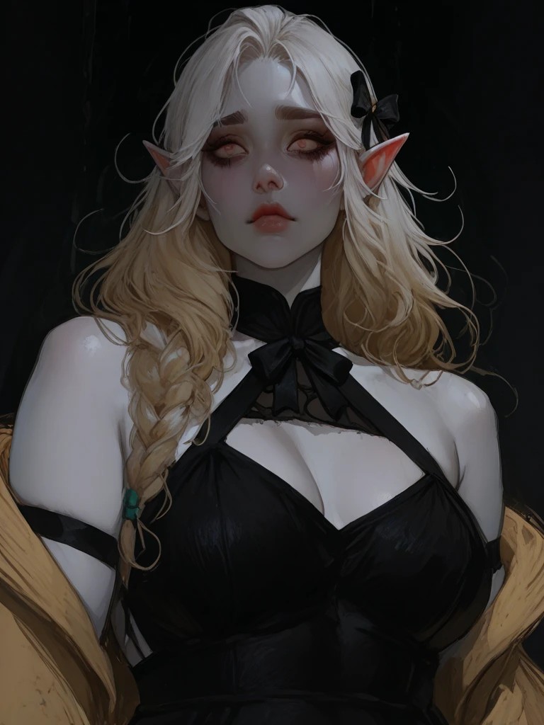elf woman, piercing, long white hair, huge breasts, bra, revealing, breast expansion, black lips