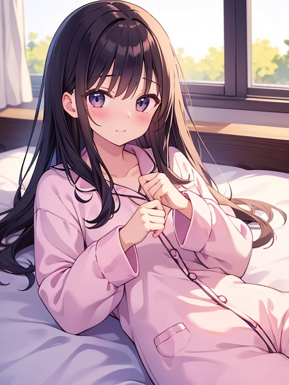 girl in pajamas, cute anime girl, wears braids, teddy bear pajamas, 4K anime, FULL HD, INTRIQUE, delicate, good hands, beautiful bedroom background, beautiful, cute, , girl anime ((anime)) dinamic