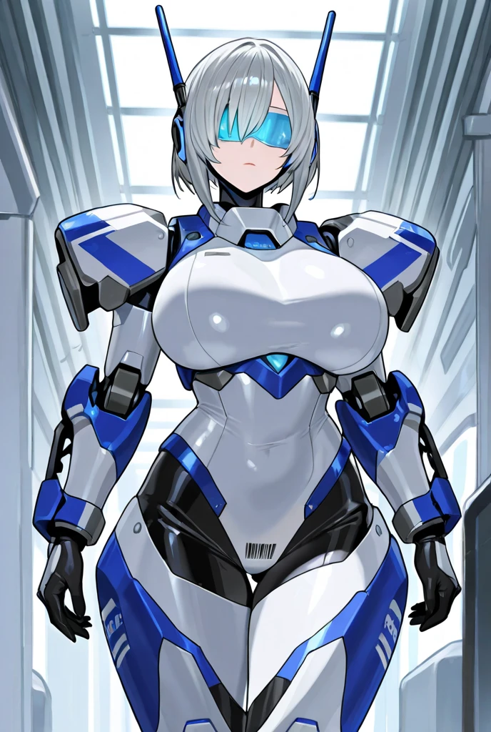 white sci-fi armor, blonde hair, blue eyes, gigantic breasts, black pistol, solo, standing, ultra-detailed(best quality,highres:1.2), ultra-detailed eyes