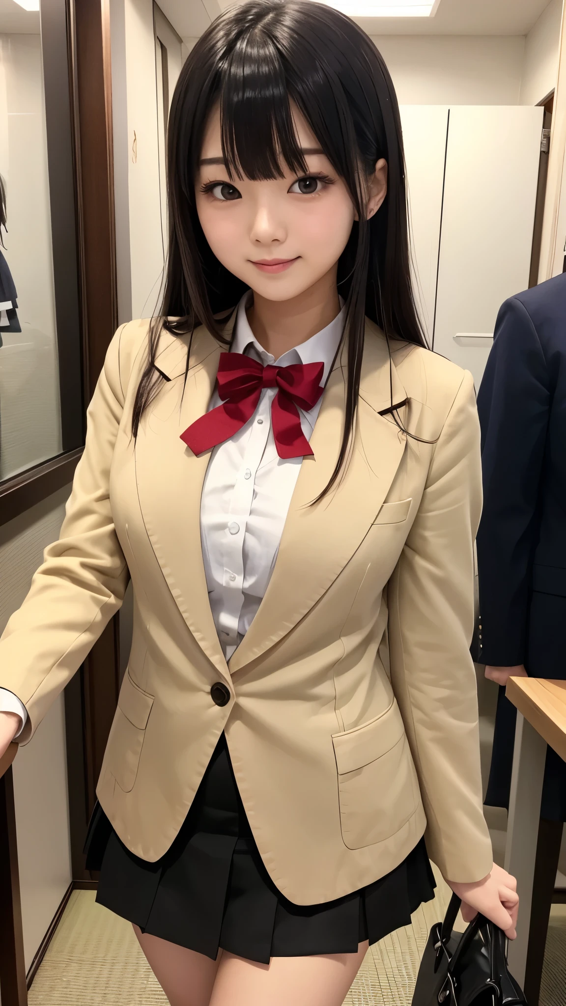 Uniform Cosplay、Uniform Cosplayer Ponytail Bangs、large boob、(cleavage of the breast)、Predecessor Wan、Panchira、(Laughing with white teeth)、二重まぶた、Frontal Face、slenderbody、Kneel in a chair、(8K、Raw photography、top-quality、​masterpiece:1.2)、(realisitic、photoRealstic:1.37)、ultra-detailliert、(Detailed beautiful girl:1.4)、 1 人、FULL BODYSHOT、