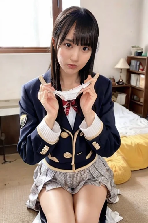 Highest quality, masterpiece, Ultra-high resolution, (reality: 1.4), Original photo, 1 female, mature, smile, short hair, Plump body, , Cinema Lighting, Exact finger count、Exact number of legs、(Exact number of arms:1.0, Exact number of hands:1.0), (Perfect hands, Perfect Anatomy), Cinematic, reality的, Extremely detailed CG, night lighting, Perfect lighting, Best Shadow, The best natural light, smile, ((Woman showing off her panties:1.3)), (school uniform, Sailor suit, Knee-high socks, loafers, Navy pleated mini skirt:1.3), White panties, Feeling embarrassed, (blush:1.2), (Embarrassed expression:1.4), Angle from the front