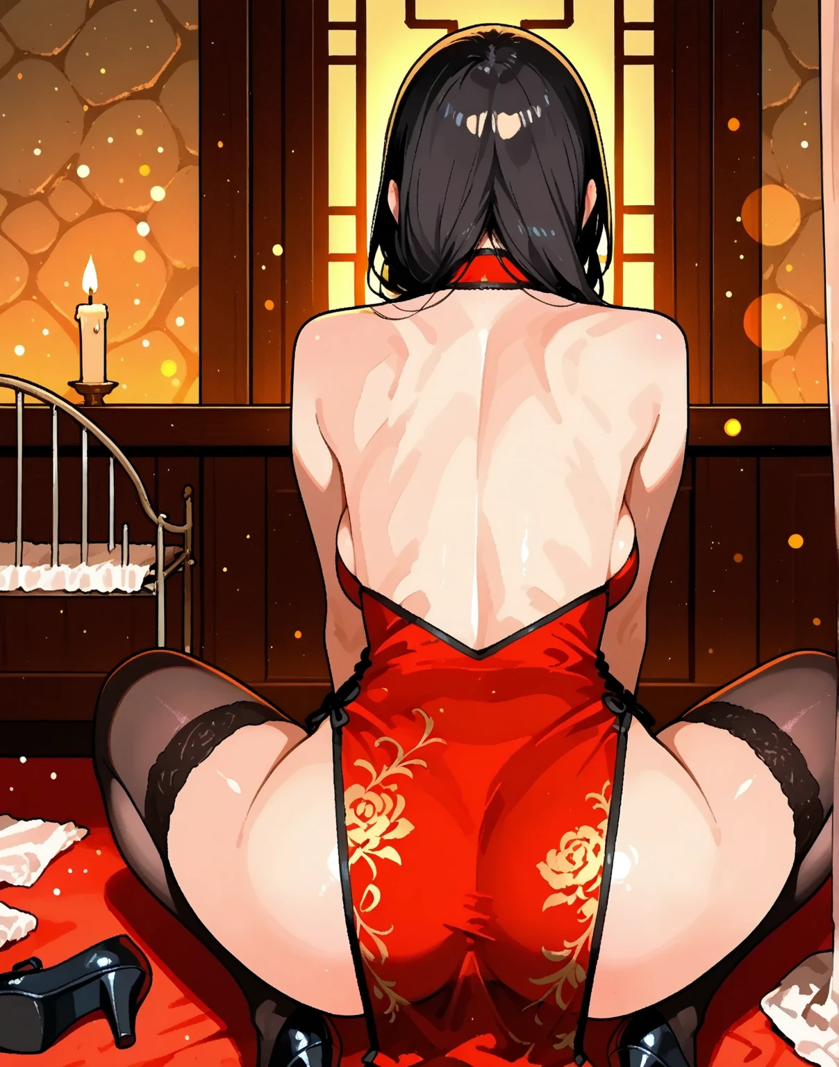 (8K、Highest image quality、highest quality、masterpiece)、detailed face、1 mature woman、((brown hair))、Single Braid、smile、((blush))、((closed eyes))、((gigantic breasts))、((red lace bra))、((((red lace panties))、((1boy))、((side cowgirl))、cowboy shot、bedroom background
