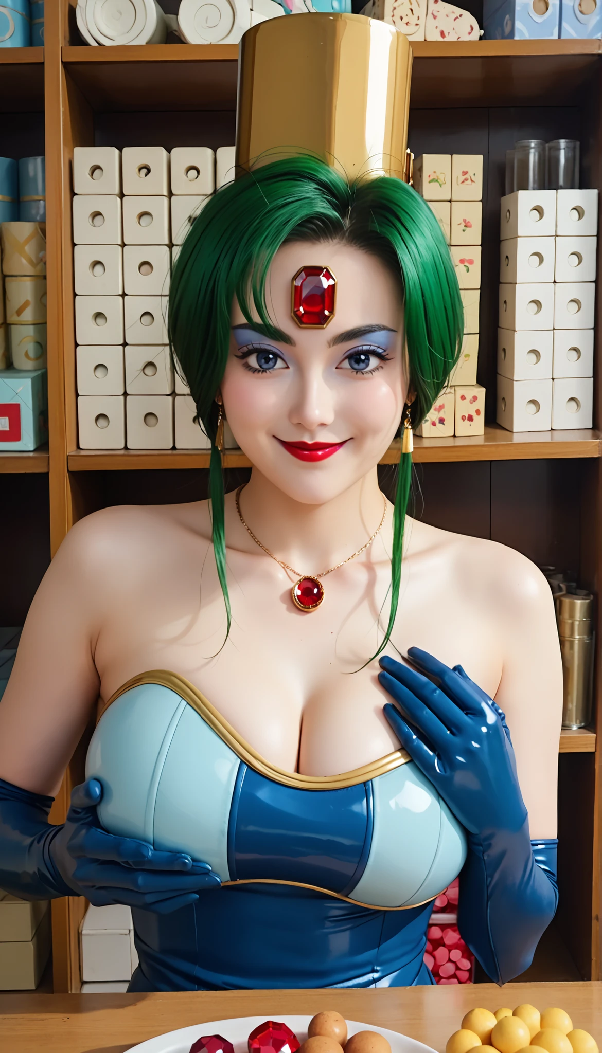 Hay una mujer con el pelo verde y una blusa negra, jesica negro, bulma de dragon ball, morrigan, hendido from league of legends, hendido, Morrigan Aensland, V de Devil May Cry As an Elf, jesica negro face!!, Natalie de Epic Battle Fantasy, retrato de gafe de arcano, cosplay glamuroso