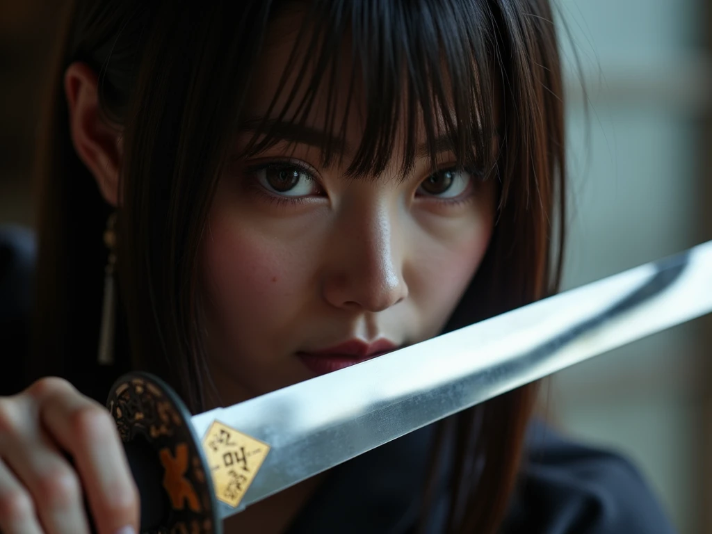 8K,Close-up portrait of a person holding a sword in front of the full moon、A very beautiful cyberpunk female ninja、Black-haired mohawk、holding a katana、holding a katana、Inspired by Yoshigai Kano、woman samurai、Knives、large sword、demon samurai、from arknights、Ghost Beast Waiter、She with a sword、kunoichi、Dramatic Katana Wielding Pose、(tiny chest:1.4)