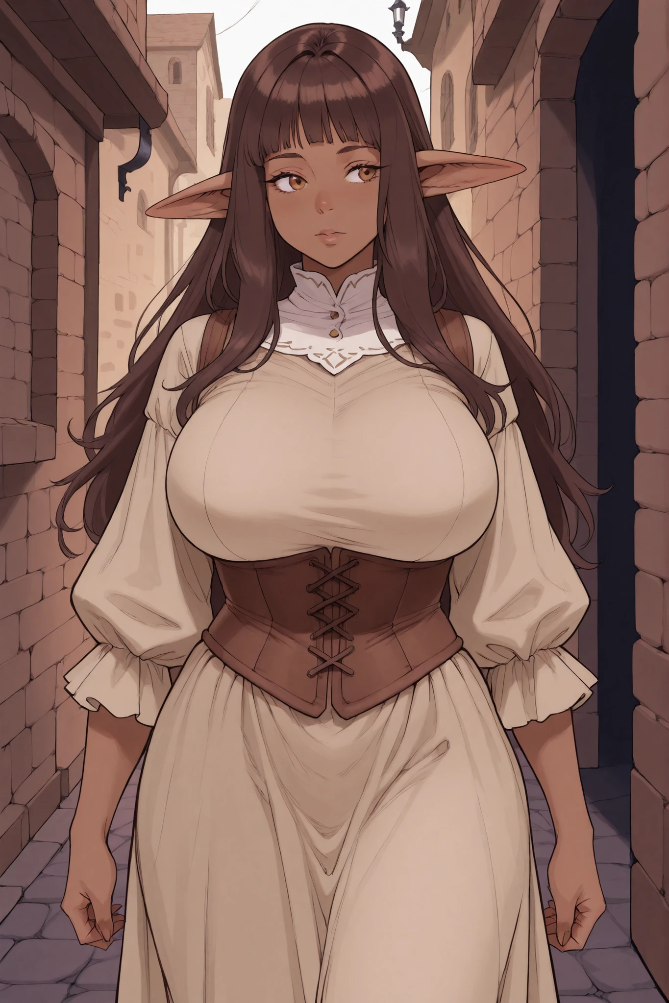 solo, female, sfw, medium shot, long wavy hair, brown hair, brown eyes, centaur girl, brown horse ears, huge breasts, scholar, modest clothes, autitorium, from the waist up