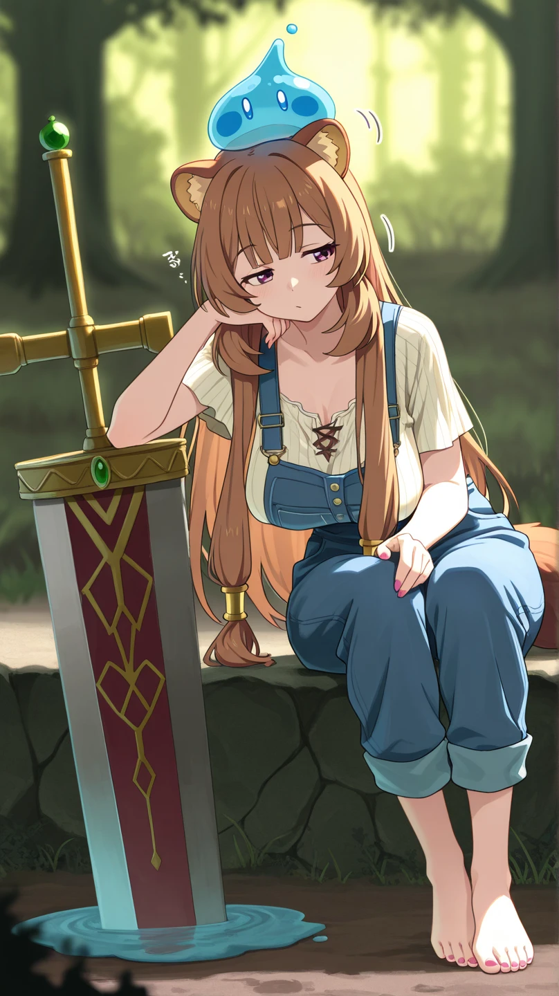 A young woman in a medieval setting is bound in a spread-eagle position on a large wooden cross-shaped frame. She is wearing a light, short-sleeved blouse and pink shorts. Her wrists and ankles are shackled with iron cuffs attached to the frame. The setting appears to be an old, sunlit courtyard with stone statues in the background, casting dramatic shadows. The expression on her face is a mix of determination and vulnerability. The scene is detailed with realistic lighting and intricate textures on the wooden frame and stone surroundings