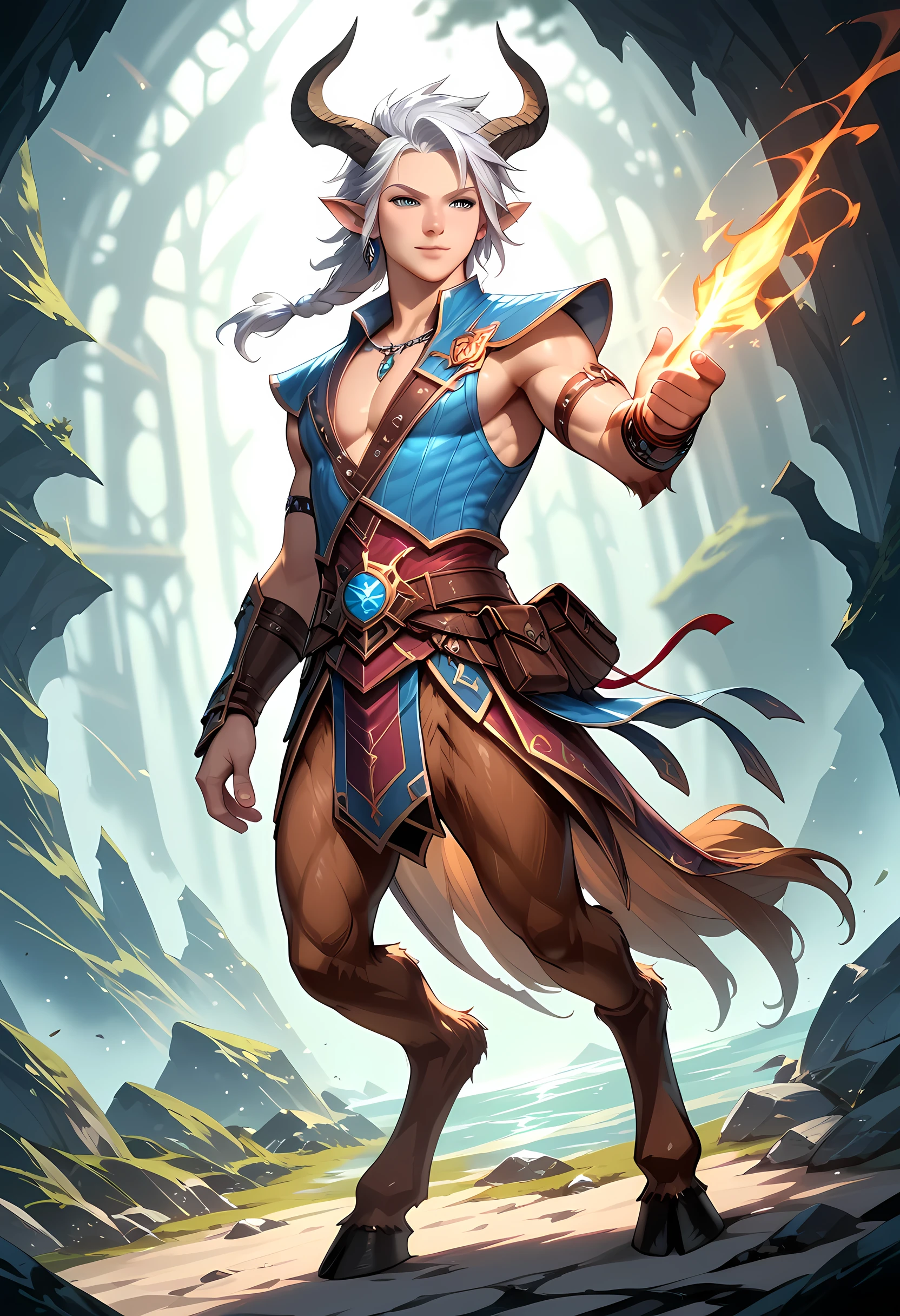 a satyr casing two magical rays in a hell, satyr sorcerer, epic fantasy character art, high quality fantasy art, epic fantasy digital art style, fantasy character art, male satyr, silver hair, silver eyes, wearing half open shirt, fantasy sorcerer, firing two magical rays, fantasy art, extremely detailed, fantasy, High Detail, Ultra High Quality, High Resolution, 16K Resolution, Ultra HD Pictures, Ultra Realistic, Clear Details, Realistic Detail, Ultra High Definition, fantasy, art by mooncryptowow, satyr, faun, horns, animal ears, tail, hooves, hkmagic, fantasy