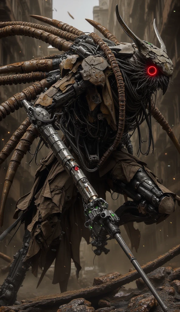<lora:RPGWight:1.0> wight:1, ((medium range)), solo, red eyes,  bloody, moss, dirty, rotting decaying flesh, dark cinematic lighting, (urban alley: 1.5), trash cans, rats, roaches