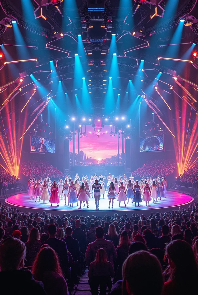 stadium;Many couples twirling on the dance floor;Where the dance was held,night，Many couples dancing,Scenes，beautiful，Many couples，Many couples are dancing，clear，There are many details，Details