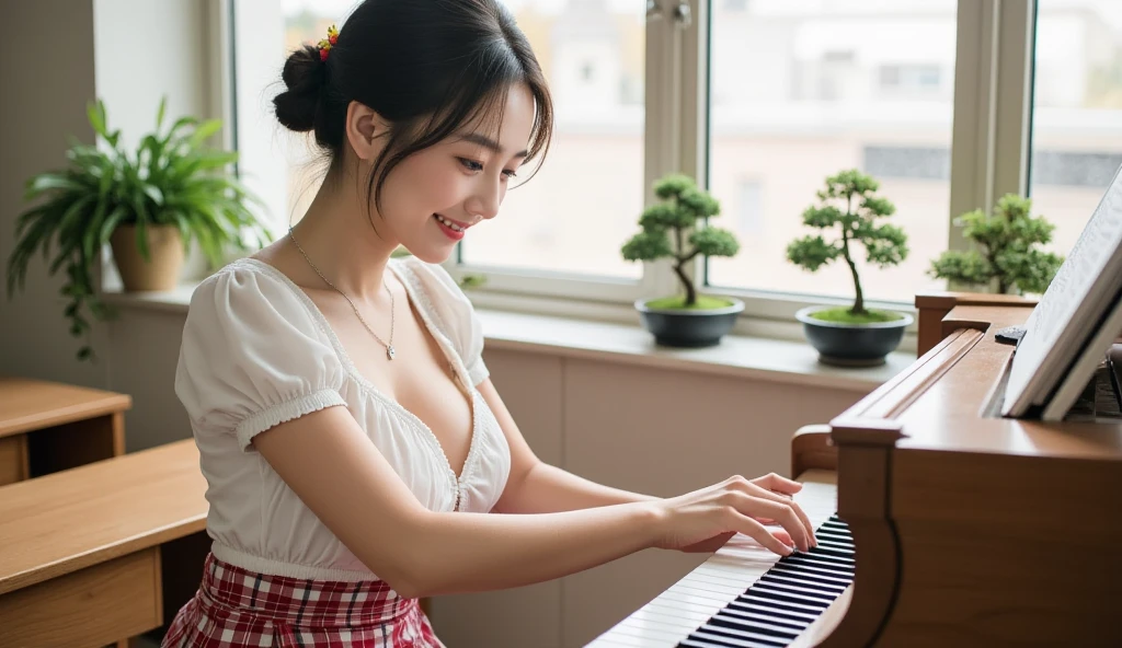 1 girl,cute girl playing the piano,ssmile,Black hair braid,tre anatomically correct,Precise fingers,Colossal tits,photorealisim,​masterpiece,