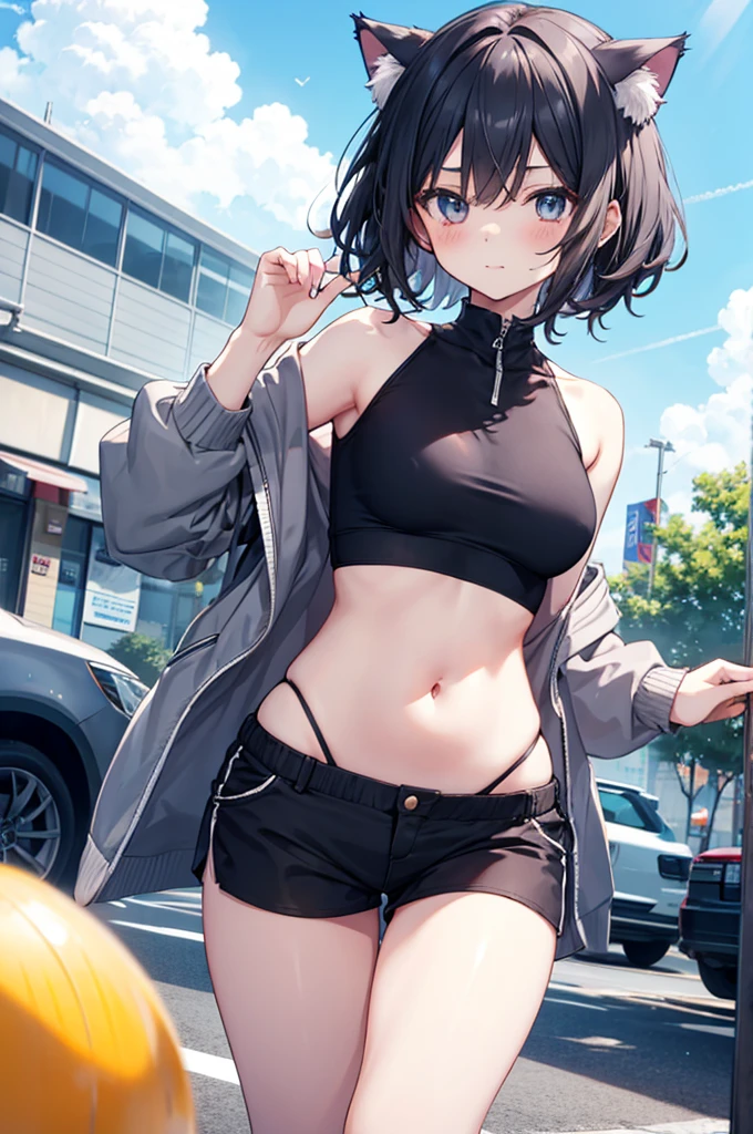 (tight focus:1.2, from below:1.2), sexy posing,(masterpiece: 1.2, best quality), a captivating image of (1 lady), adorned with a chic and a trendy black jacket, her legs clad in snug bikini. Her mesmerizing blue eyes gleam with an enigmatic allure. The scene is set against a backdrop of a graffiti wall, adding a unique and vibrant contrast to the image. Every detail, from her expressive eyes to the intricate graffiti, is rendered in (masterpiece: 1.2, best quality), with (ultra high resolution) and an exquisite (depth of field). This masterpiece is not only visually stunning but also tells,(double breasted:1.0,under bust:1.0),(with sparkling eyes and a contagious smile),open mouth, Looking at Viewer, 