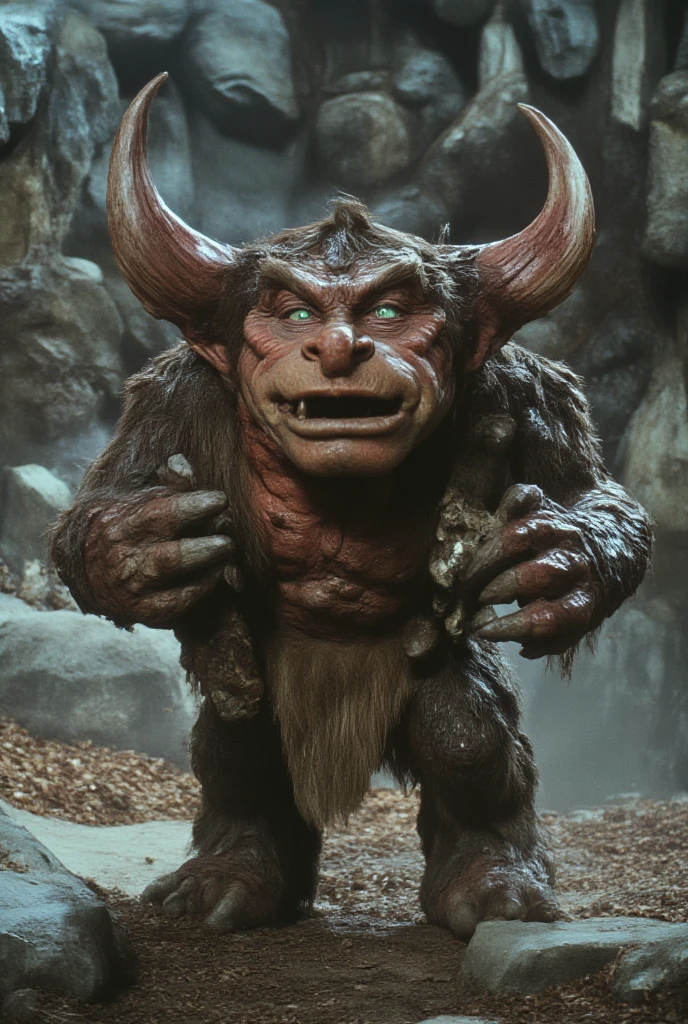 a stocky, toothless Viking dwarf with a chameleon tongue and rhinoceros horns and squinting eyes