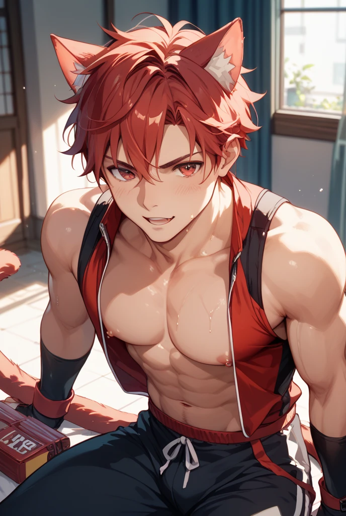 An anime shirtless guy of about 22 years old with red hair at gym.