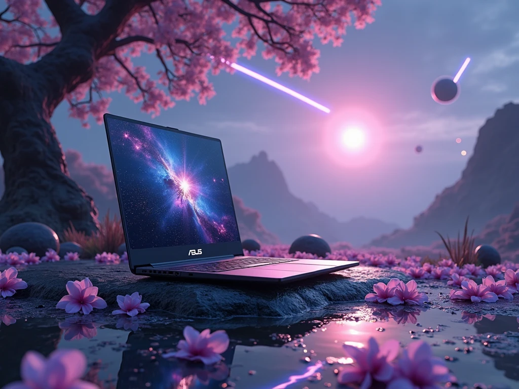 New Asus Laptop On A Wet Stone With Violet Flowers Scattered Around On It, The Laptop Is Facing Front On Angle View, With Asus Logo On Front, With Fantasy Background, Falling Violet Flowers On It, Tree With Violet Leaves, Two Shooting Stars On The Background, 2 Exoplanets Orbiting A Supermassive Black Hole. No Humans