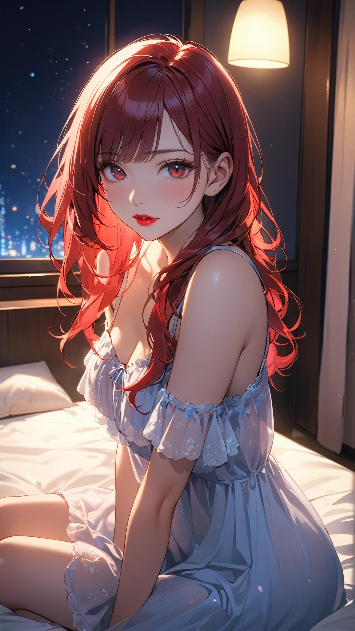 mature woman, large breasts, red long wavy hair, red night dress (lingerie), blue eyes, pink lips color, deduce smile, blush, naughty face, laying on bed, Surrealism, anime style, depth of field, 8k, super detail, high details, Cinematic lighting, night time, shadow over face, Close-up, camera from the bottom up, hyper HD, Masterpiece, High details,detailed light, detailed shadow, detailed background.
