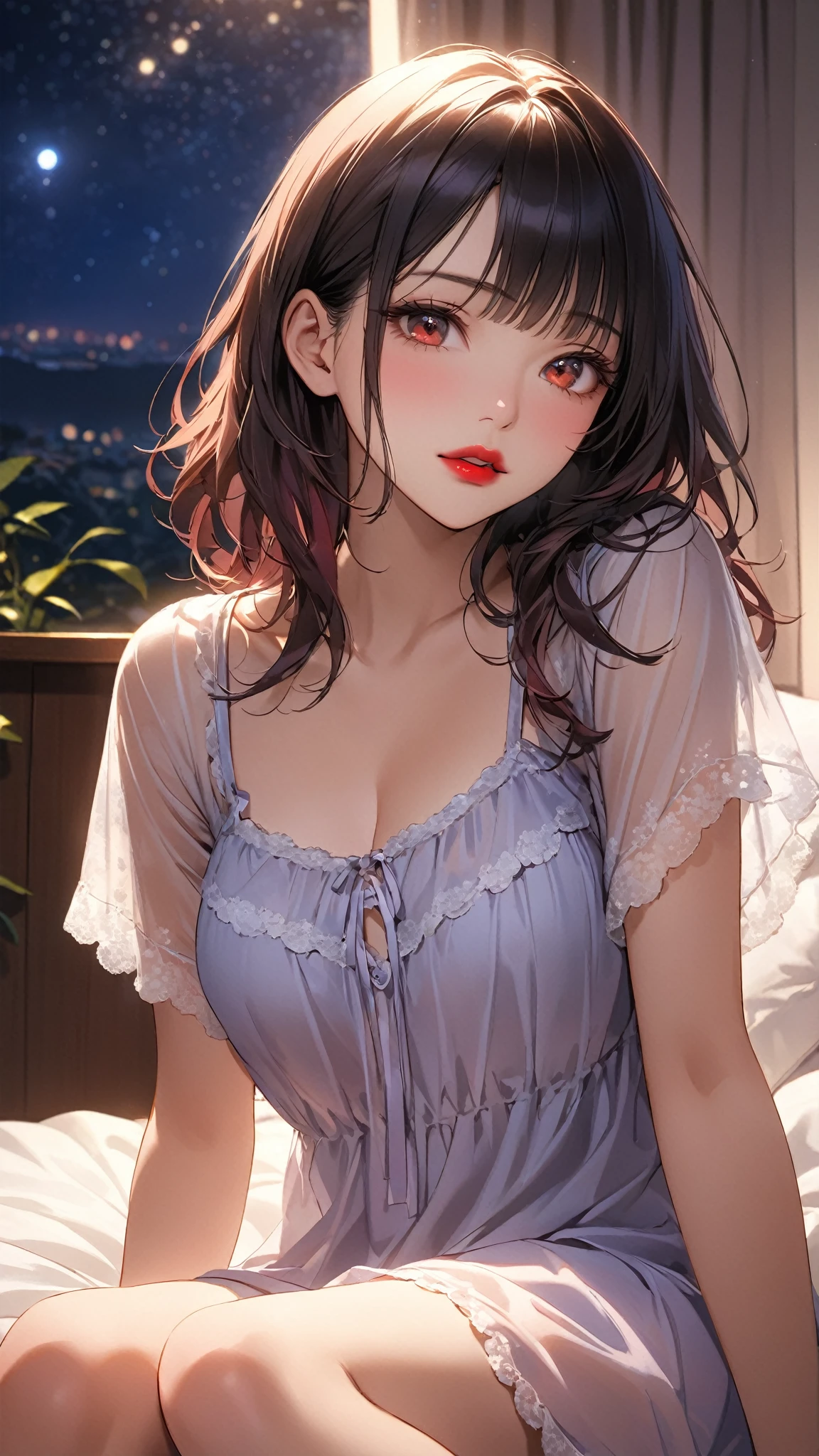 (masterpiece:1.3, Highest quality, Ultra-high resolution:1.2, Super detailed、8K), (Realistic, photoRealistic:1.4), Beautiful illustrations, Perfect lighting, colorful, Depth of written boundary, Beautiful detailed hair, Beautifully detailed face, Beautiful fine details, Droopy eyes、Beautiful clavicle, Beautiful body, 美しいLarge Breasts, Beautiful thighs, Beautiful feet, Beautiful fingers, View Viewer、Front view:0.6, Beauty1人, Japanese, Beauty、30 years old, Perfect Face, (Perfect Anatomy, Anatomically correct), Cute and symmetrical face, Baby Face, , Shiny skin,(Orange off-the-shoulder knit:1.4), (Long skirt:1.4) 、(deep purple hair, Ribbon hair ornament、Medium Straight Hair:1.4), braided bangs、Dark brown eyes, (Large Breasts, Slim body), necklace, Small earrings:1.1, (Beautiful views), (night),( A luxury hotel room),((Lying in bed)), Sexy pose、A soft smile、(Smile, Lips parted),