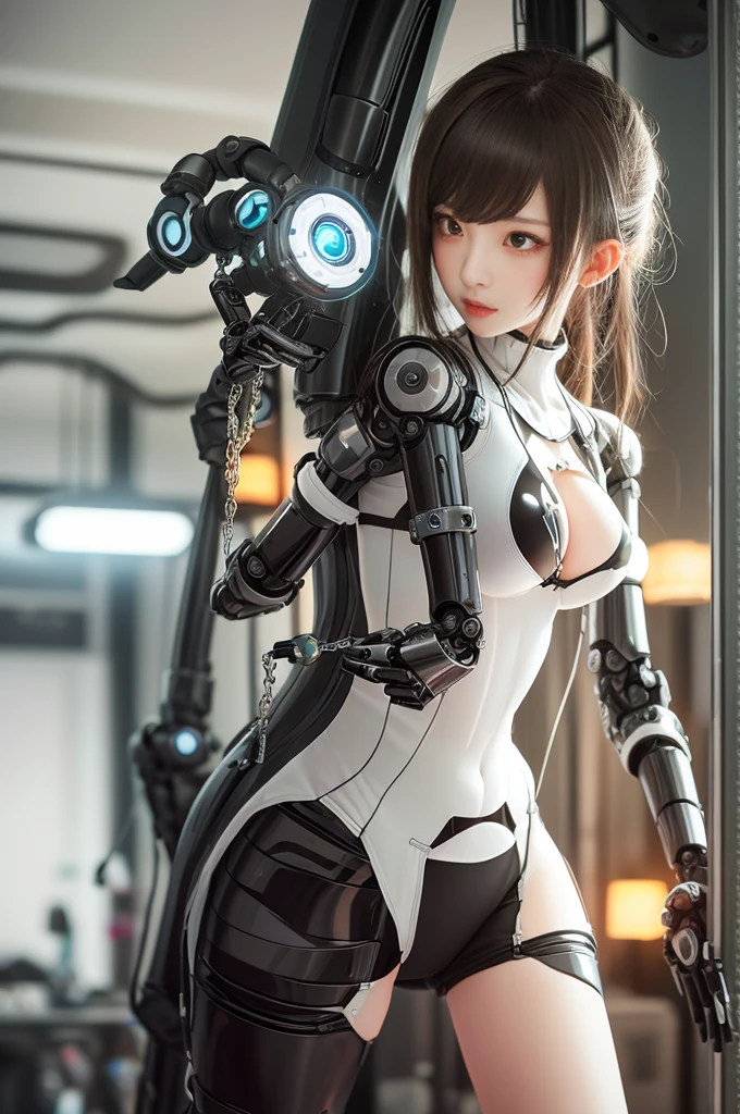 best quality, 1080P, Masterpiece, Ultra high resolution, realistic, ultra realism, Realistic skin texture, Extreme skin detail, dslr, Detailed eyes, Double eyelids, very beautiful face, Concise facial structure, Gorgeous Asian woman, Pale skin, Realistic skin texture, Extreme skin detail, oc render reflection textures, Realistic light and shadow, Single picture, alone, Age 20, Height 165, naked girl, Nude, no underwear, {{A girl with the body of a mechanical robot., The mechanical cervix is attached to the neck., beautiful breasts, White mechanical shoulder armor on both sides., elbow with mechanical joint, White mechanical hip armor on both sides with a circular blue neon light in the middle., flat stomach, perfect robot arm, perfect robot legs, Balanced slender body,full body view, Whole body photo, The robot circuit is stuck in the middle of the back., Turn your back..}}