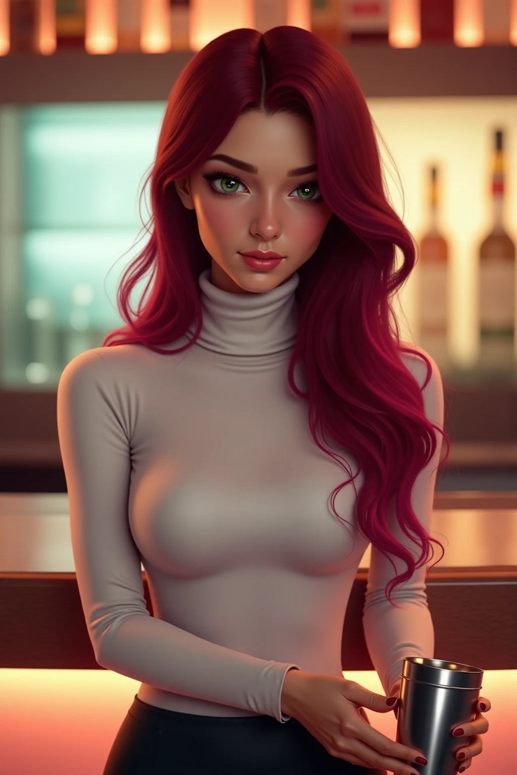 photo of S347_LanFairbain,an attractive woman,in a (bar:1.1),wearing a (turtleneck-rope-dress:1.1),(smiling),(4k, RAW photo, best quality, depth of field, ultra high res:1.1),(absurdres, intricate, photorealistic, masterpiece, ultra-detailed:1.1),