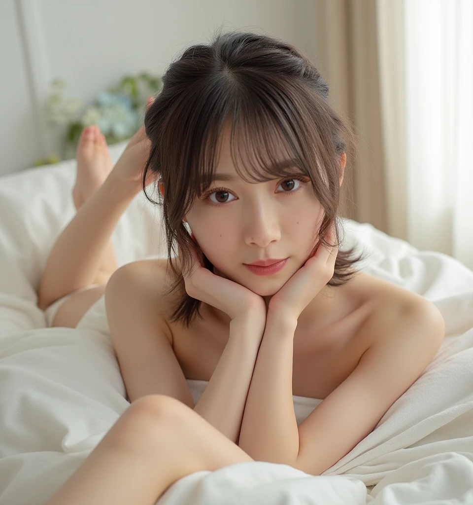 Masterpiece、Raw photography、(((Ultimate Beauty Portrait)))、((glistning skin))、close mouth、no mask、dark brown eye、、high school student、15 yural make、short bob、((masterpiece、top-quality、ultra-detailliert、intricate-detail、hight resolution、highly detailed))、Detailed background、8KUHD、Digital SLR、Soft light、high quality 、Shallow depth of field、natural soft light、pink nipples、full body、shy look、flushed cheeks、small breasts, nipple, lie on your back、Lie down and face up, looking at the viewers、short cut、short bob、angle from above、(pussy:1.3)、look back, angle from back, full body, above the knee