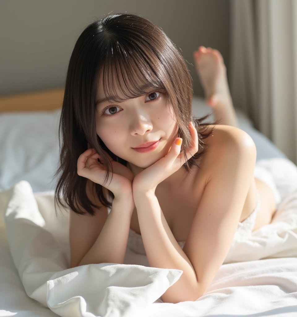 In detail, High resolution, high quality、Perfect dynamic composition, Beautiful attention to detail, Bob Layer Cut、From below、sight、From below、From below、Relax in your room、Long legs、despise、Natural color lip, Age 25、1 person、Clear Skin、Shiny Hair、Bedroom、Inside the room、Fashionable clothes、Shibuya Ward、Pique Ice Cream、Loungewear、Fashionable、Beautiful feet、Futomo、shake your head、Glare、Stimulate、Rage、Long wavy hair with brown hair, A cute 16 year old girl, Very beautiful plump G cup, The whole body is clearly visible, Quite embarrassed,Really kissing face, Very plump whole body, Inside a stylish hotel, topless, Very beautiful nipples, Full body nude, Extremely realistic skin texture, Smiling and looking at me