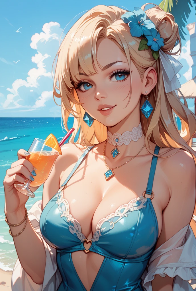 Highest quality、Best image quality、masterpiece、One Girl、26 years old、Best Bust、Big Breasts、Beautiful Eyes、Blonde, Green Eyes、ponytail、Natural smile、Cleavage、Sexy pose, Seductive pose, crop top, hot pants, On the cruiser、Have a champagne glass、I&#39;m a little drunk、blush、Upper Body、blue sea、Natural sunlight、Shallow depth of field、