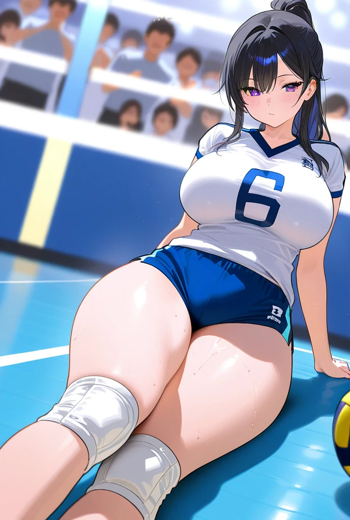 highest quality, masterpiece, High resolution, alone, {Shima_Also_yuru camp:1.15}, ((green_hair)), purple_eye, closed_mouth, single_hair_good, hair_good, 1 girl, 前hair, blurry, blurry_background, (volleyball uniform:1.3)、(barefoot)、dark blue socks,(sports boots)、full body shot