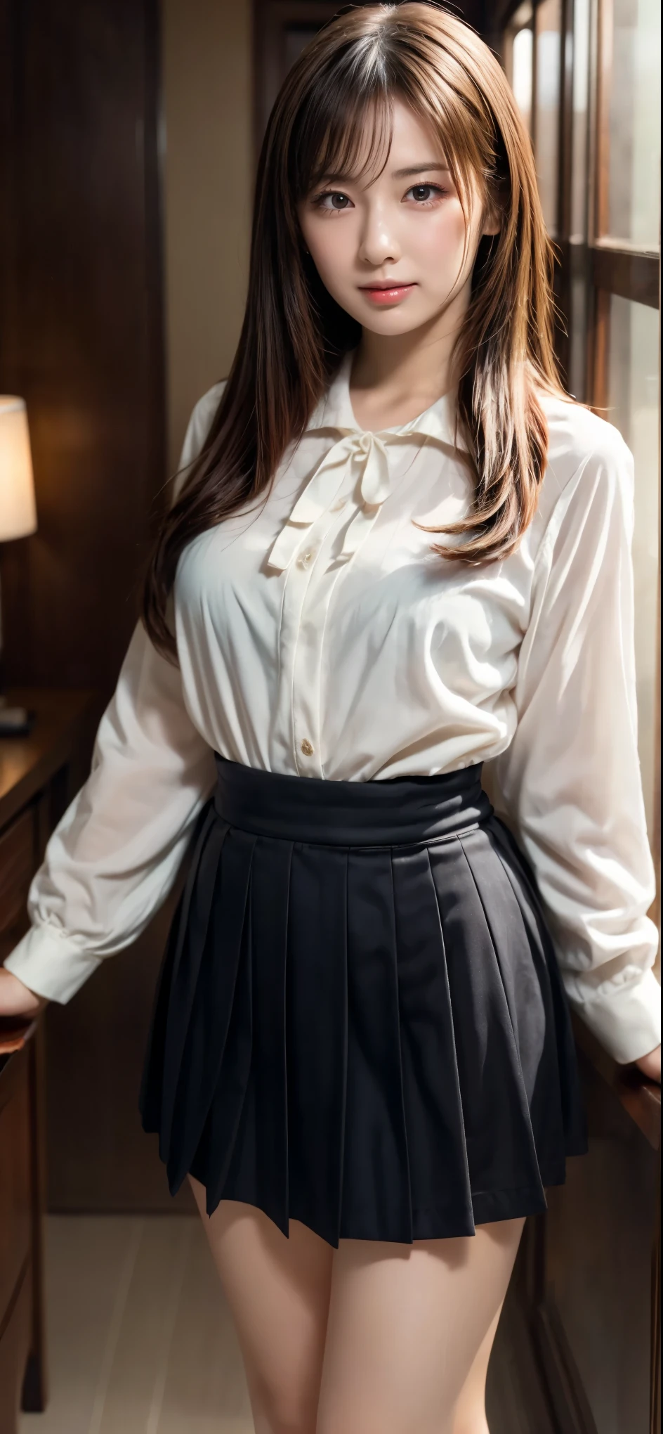masterpiece, best quality, illustration, Super detailed, fine details, High resolution, 8K,wall paper, perfect dynamic composition,(Details High quality, realistic depiction of eyes:1.3), standing, straight hair, Black Sailor Uniform, serafuku, Navy pleated skirt, huge breasts, black hair color, Big Natural Color Lip, bold sexy pose, gal.safetensors, crying a little、 Harajuku style、20 year old girl、cute type、ta、beautiful legs, hotel room, full body photo、focus on crotch, hposing Gravure Idol