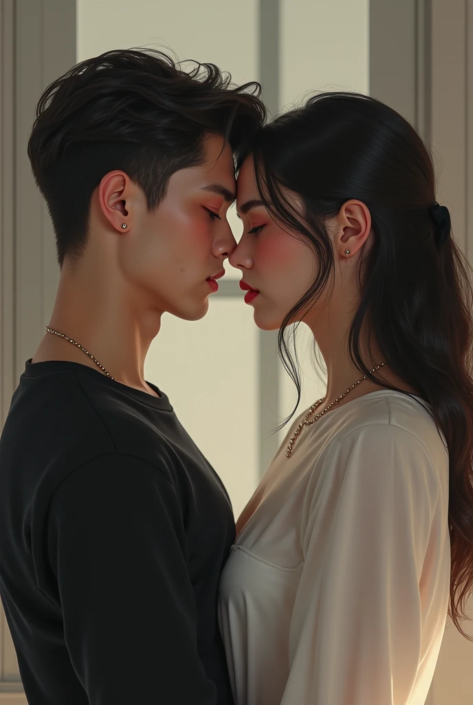 Amazing portrait of a boy and a woman who is a beautiful woman kissing each other with passion  in a bedroom which is a bright room with candles lit during night time,
